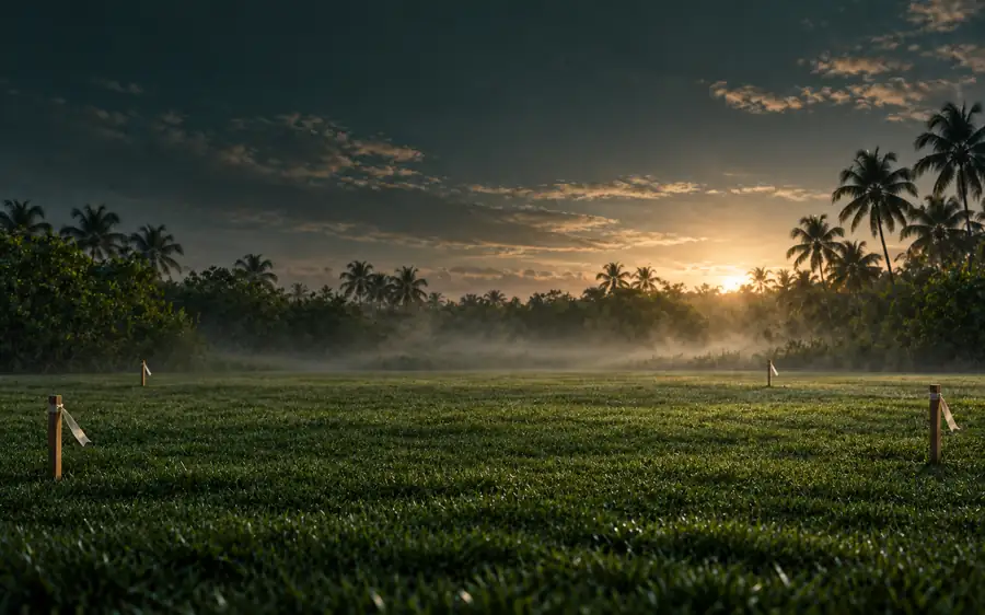 An empty green parcel at first light with survey stakes at its corners