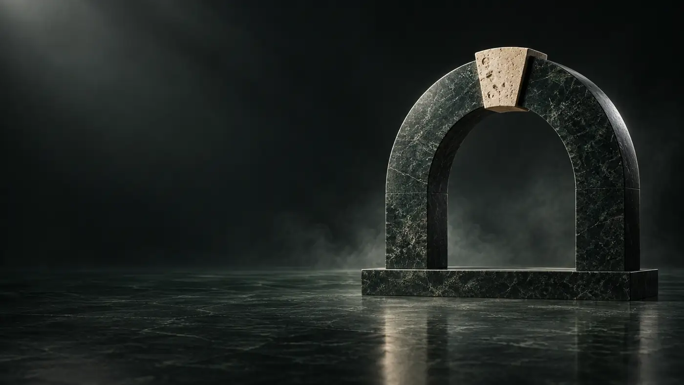 A sculpted stone arch of dark green marble with a pale limestone keystone, lit in a dark studio