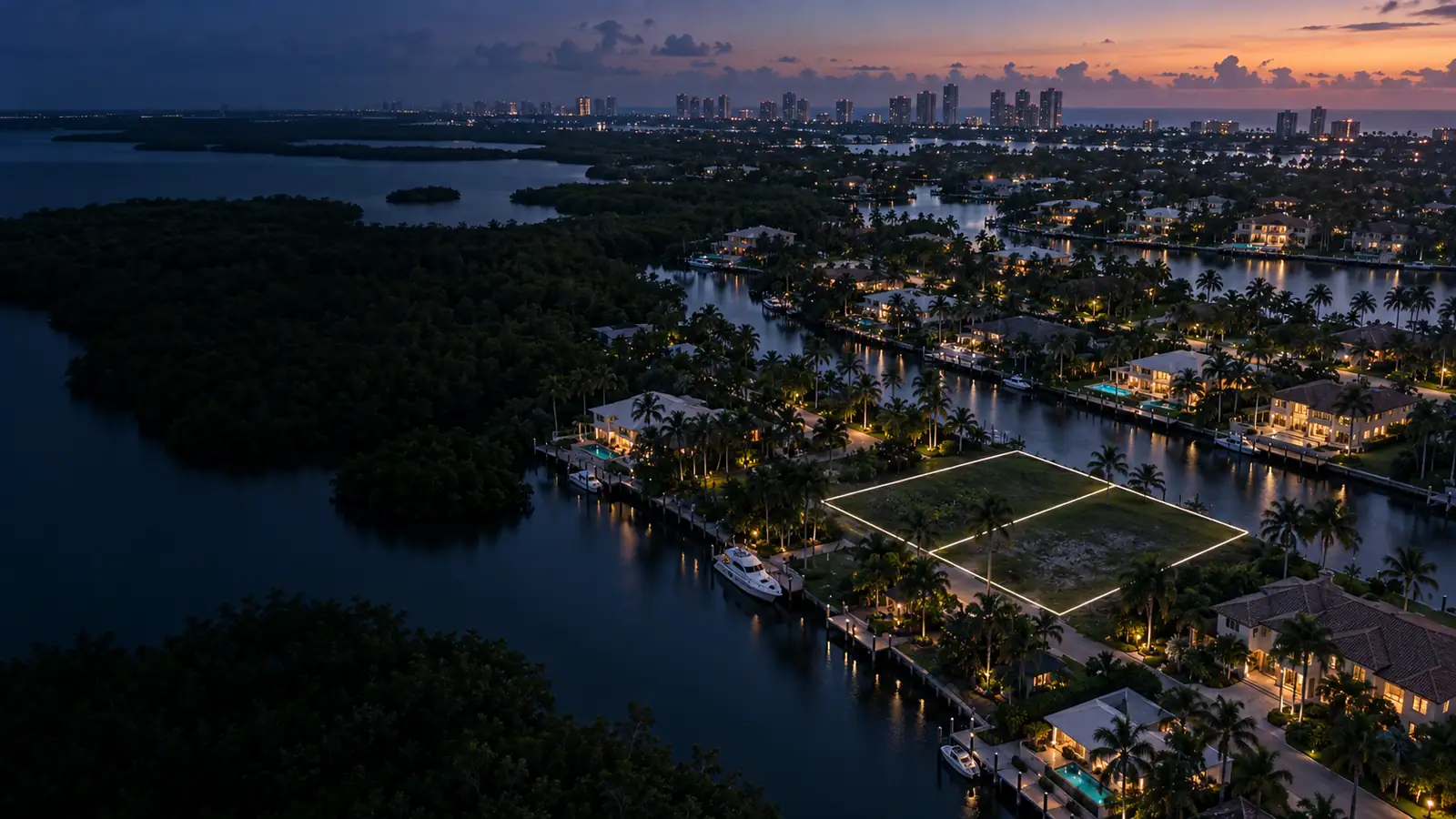 An aerial view of a South Florida canal neighborhood at dusk, two land parcels outlined in pale light